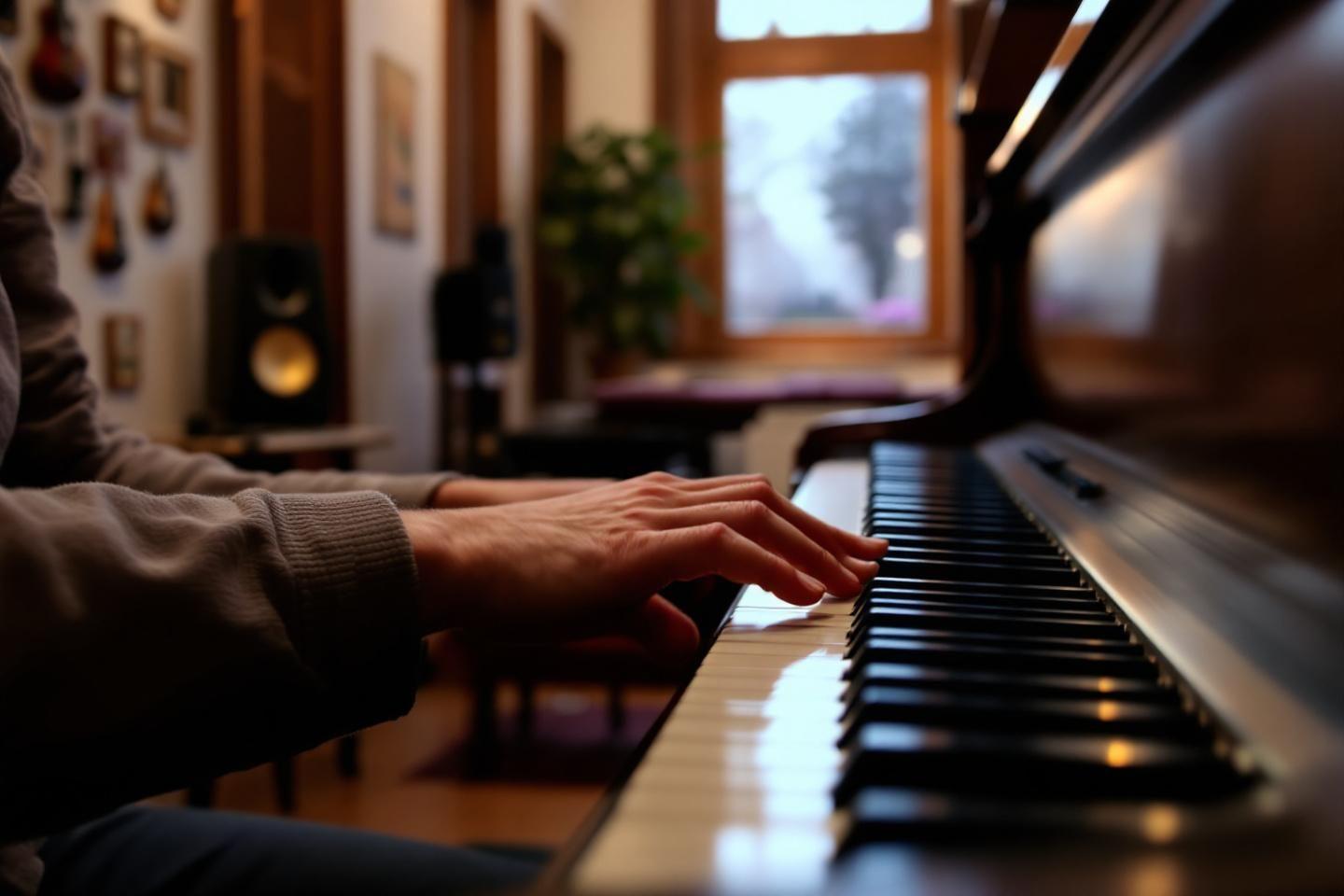Doigts sur les touches d'un piano dans un intérieur cosy
