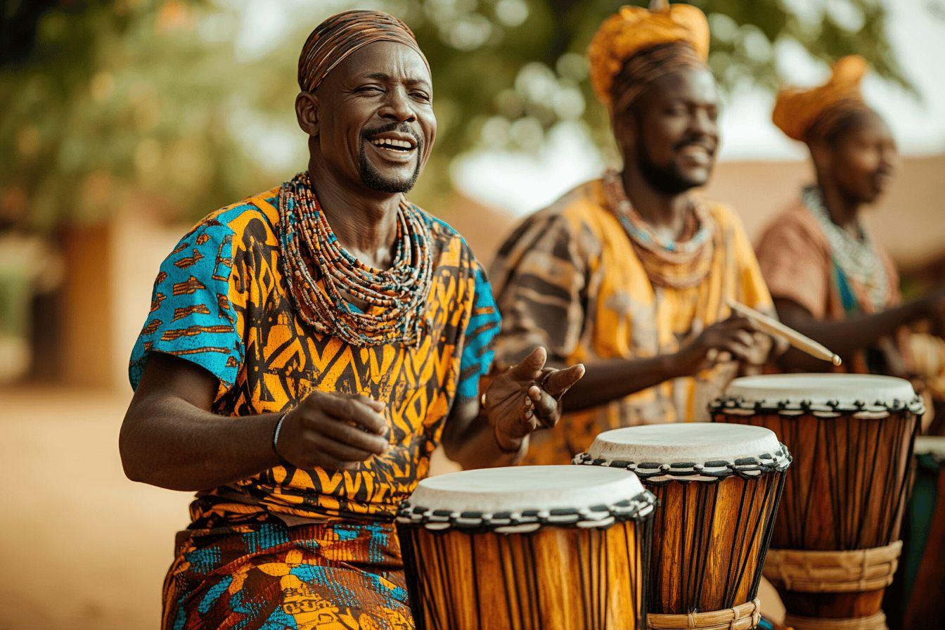 Percussionnistes en tenue colorée riant et jouant des tambours