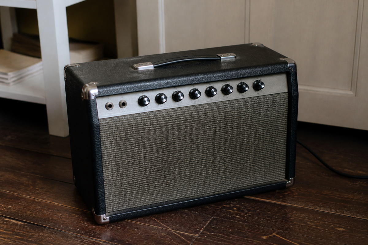 Amplificateur posé au sol avec boutons de commande visibles.