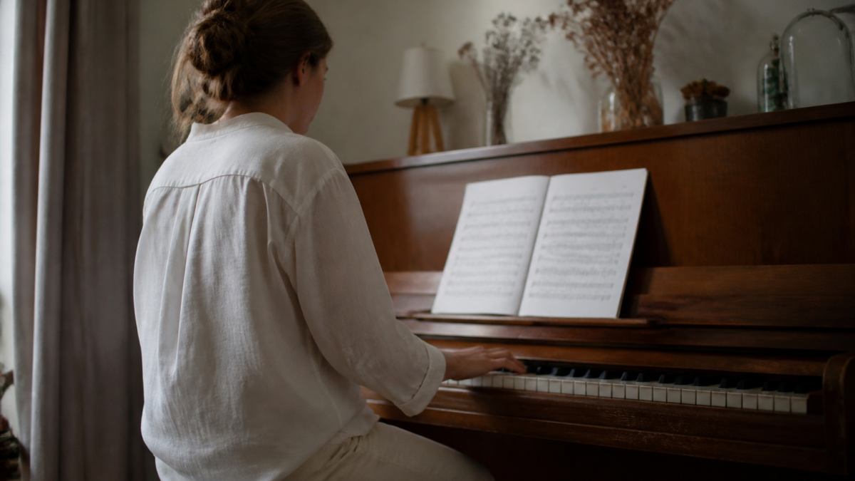 Personne assise face a un clavier de piano avec partitions ouvertes