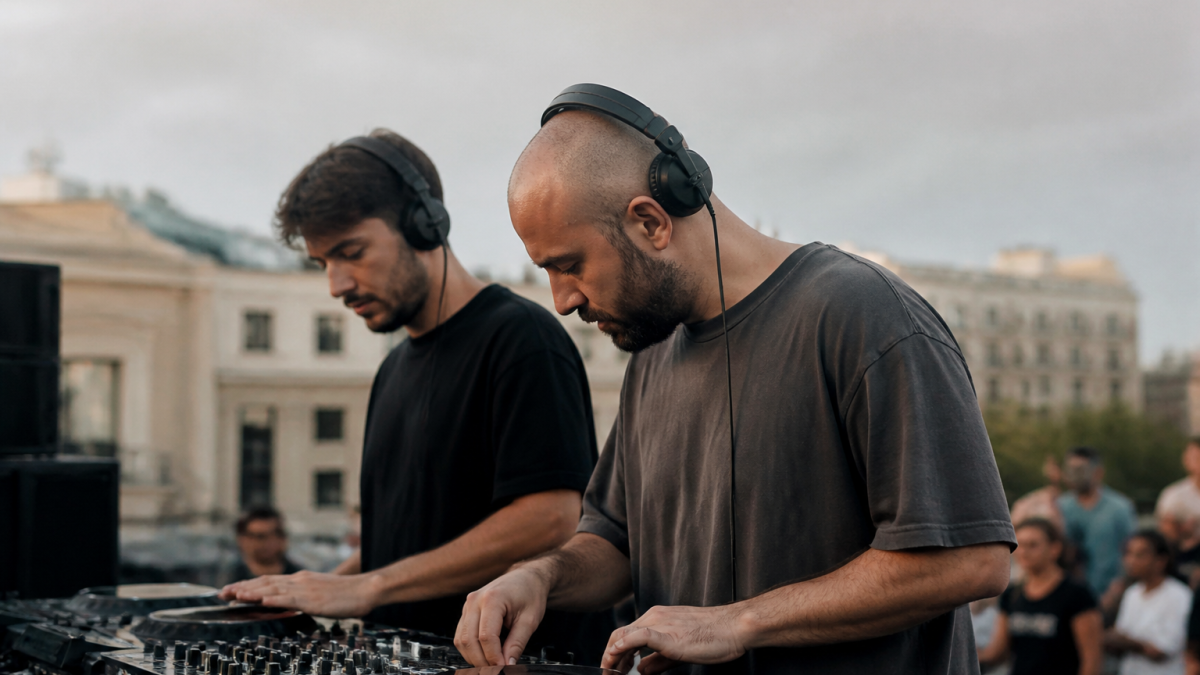Musiciens derriere platines avec casques sur les oreilles