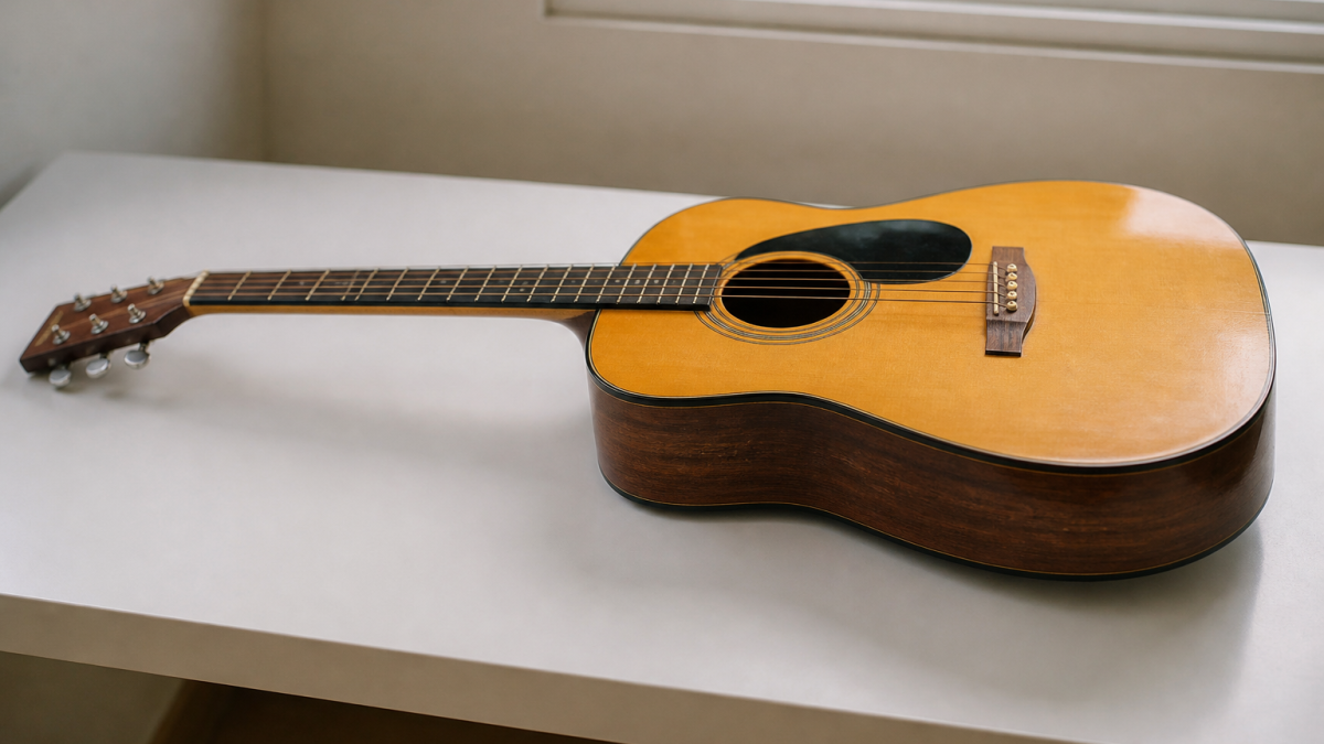 Guitare acoustique posee horizontalement sur table blanche
