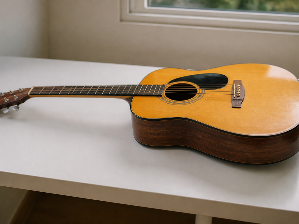 Guitare acoustique posee horizontalement sur table blanche