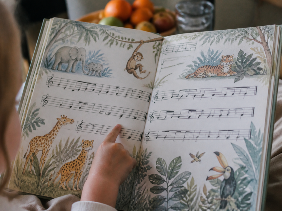 Livre ouvert montrant partition musicale avec animaux jungle illustres