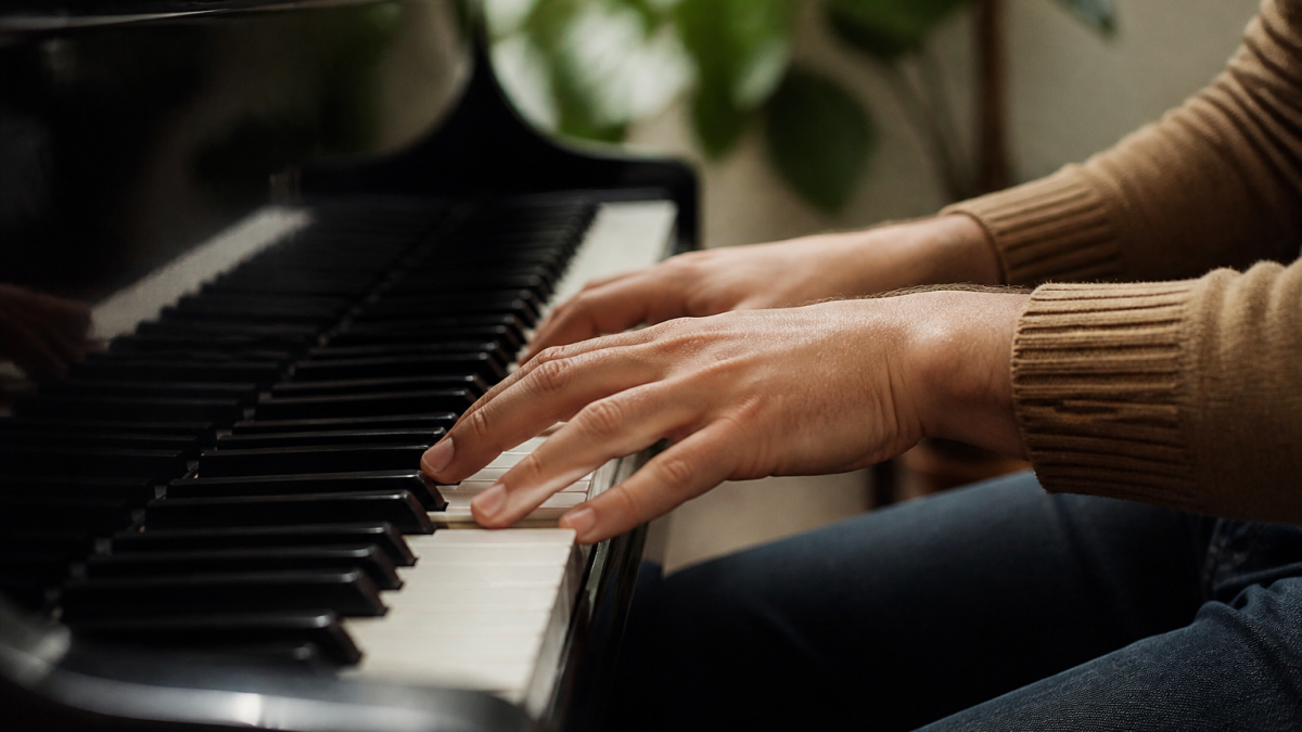 Mains positionnees sur clavier de piano noir et blanc