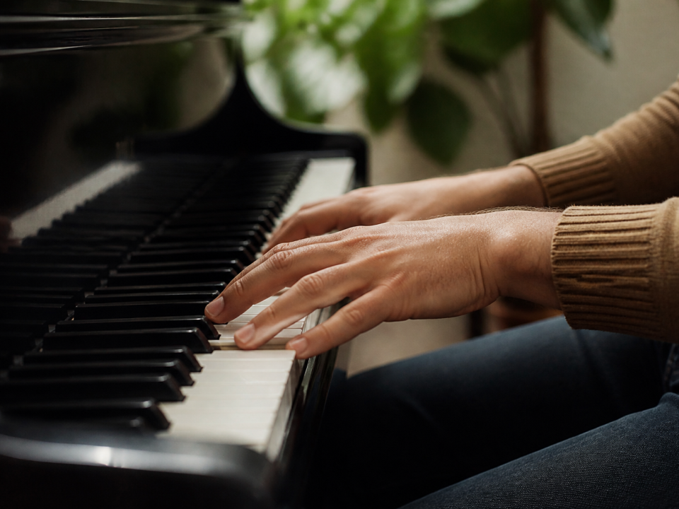 Mains positionnees sur clavier de piano noir et blanc