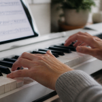 Mains posees sur clavier numerique blanc avec tablette affichant partitions musicales