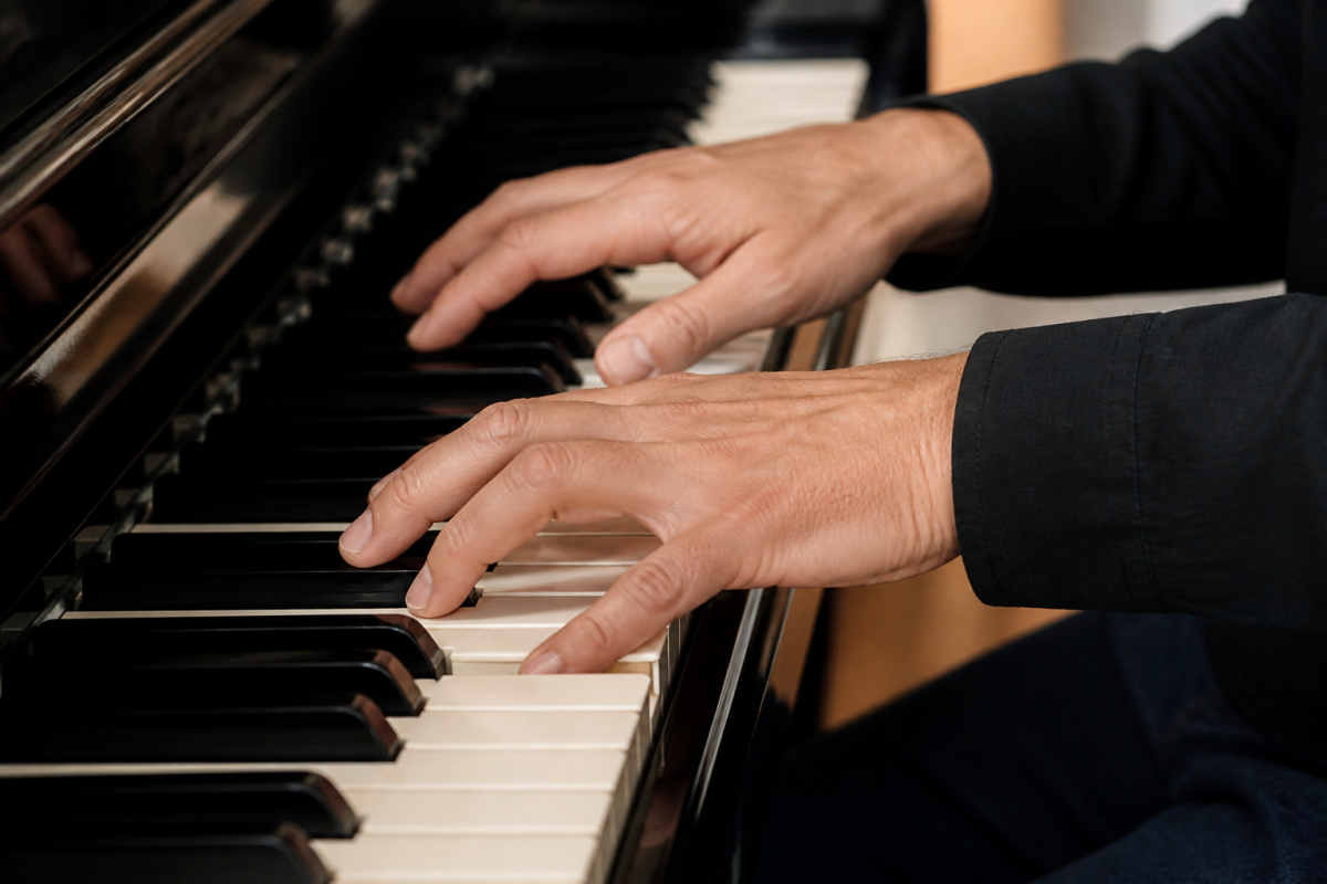 Mains de pianiste debout sur clavier blanc et noir