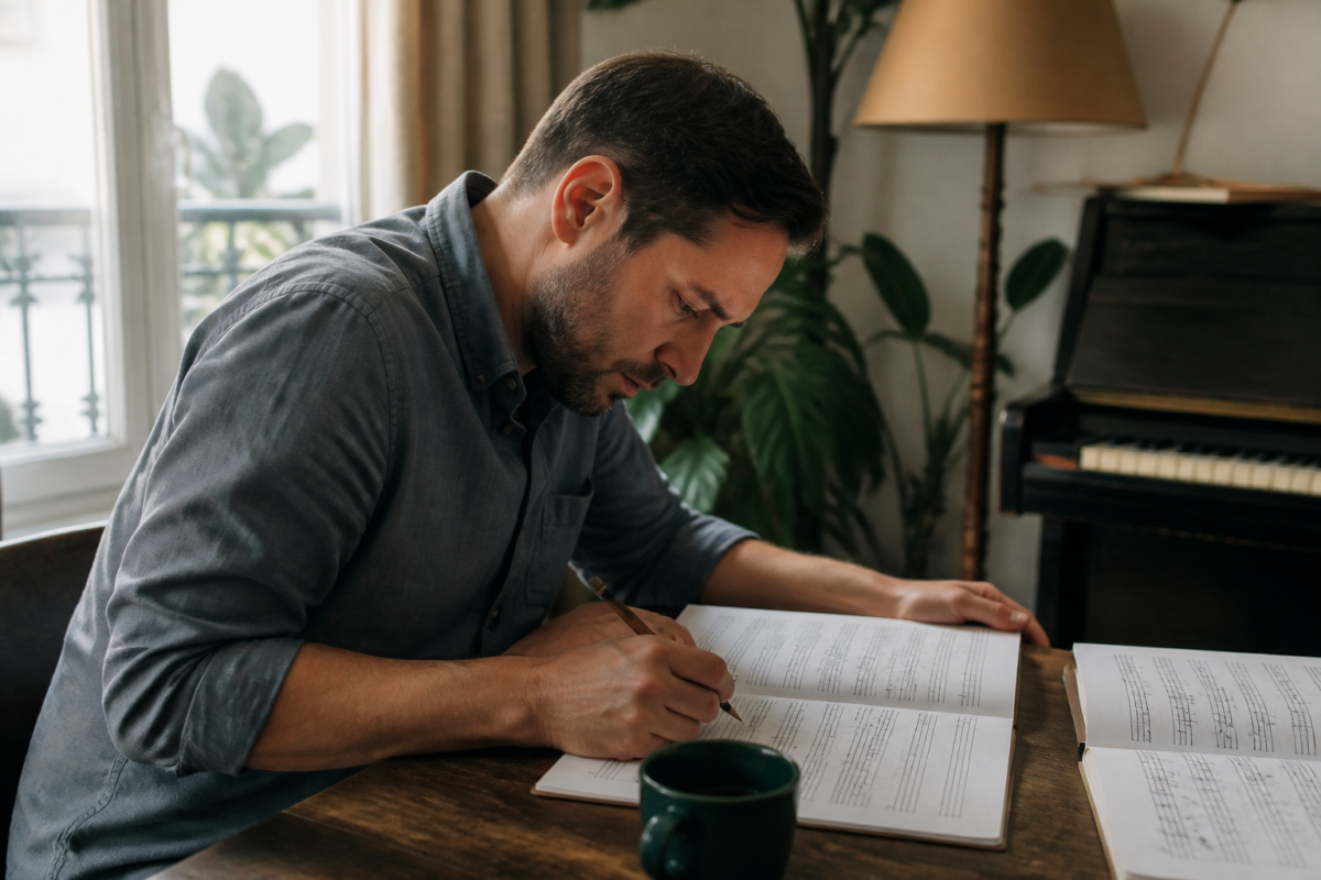 Musicien nommant notes sur partition en pratiquant quotidiennement