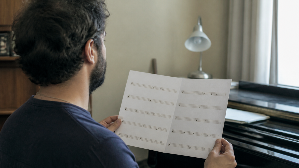 Musicien tenant une partition avec différentes notes espacées