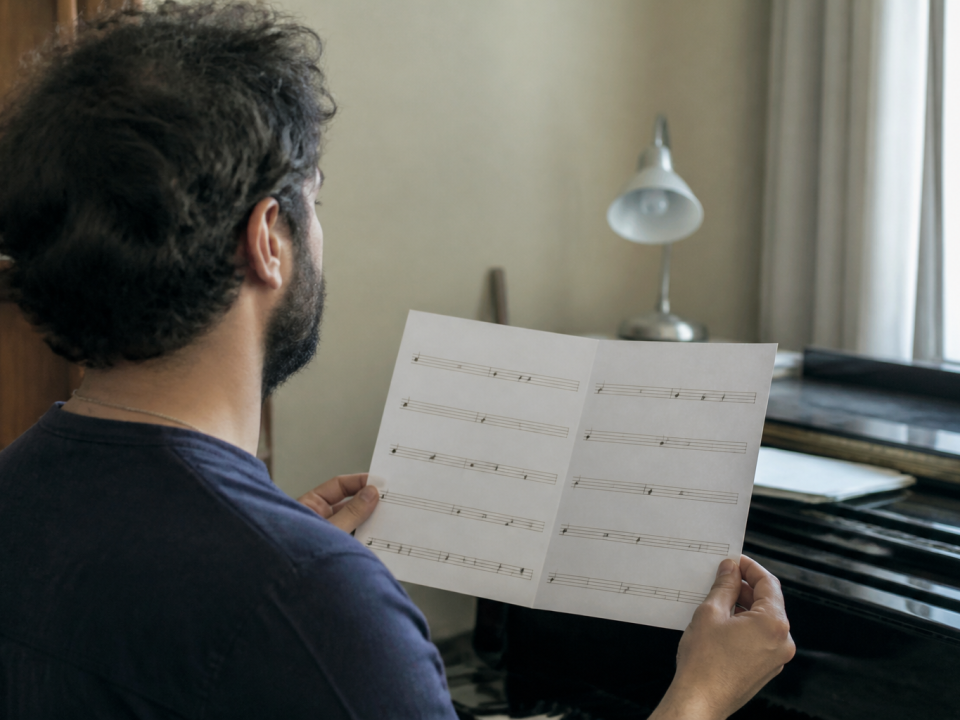 Musicien tenant une partition avec différentes notes espacées