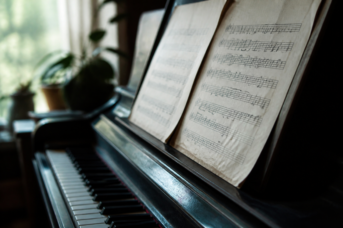Partition de piano avec notes melancoliques en clair-obscur