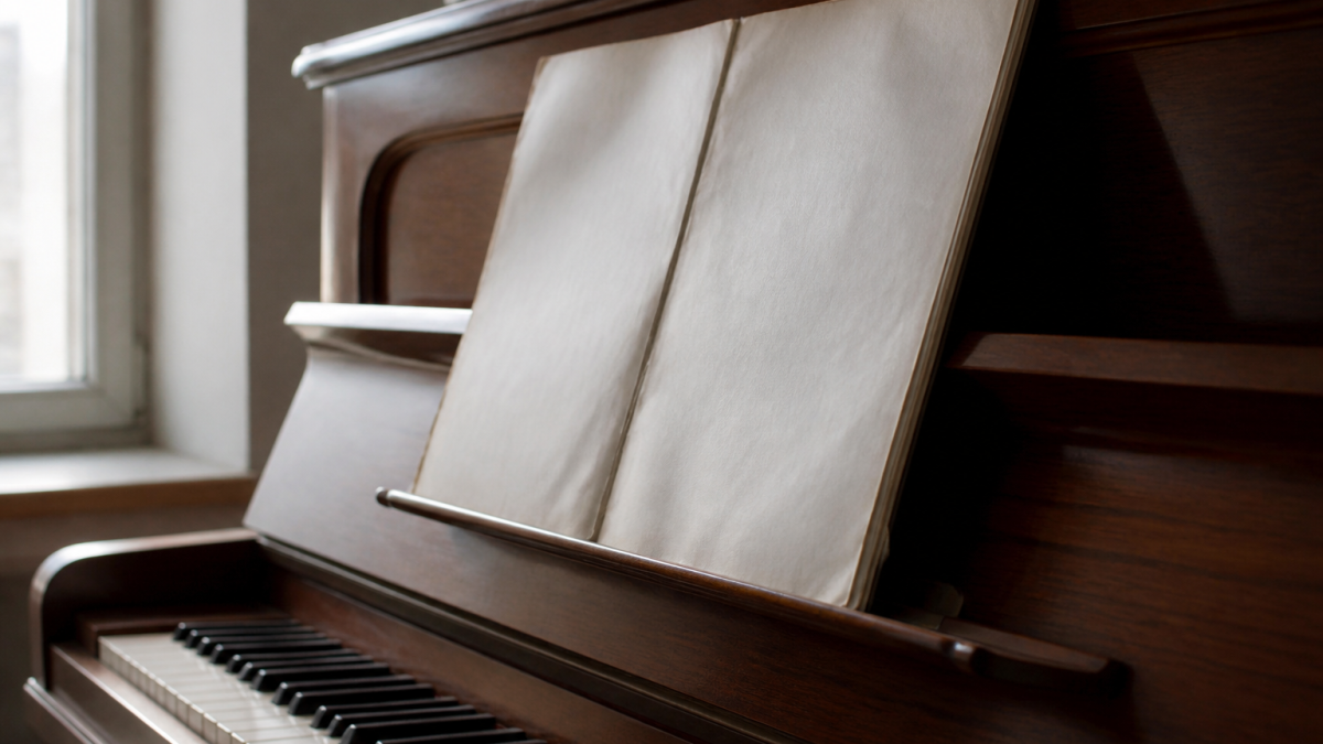 Partition musicale ouverte sur pupitre devant clavier piano
