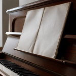 Partition musicale ouverte sur pupitre devant clavier piano