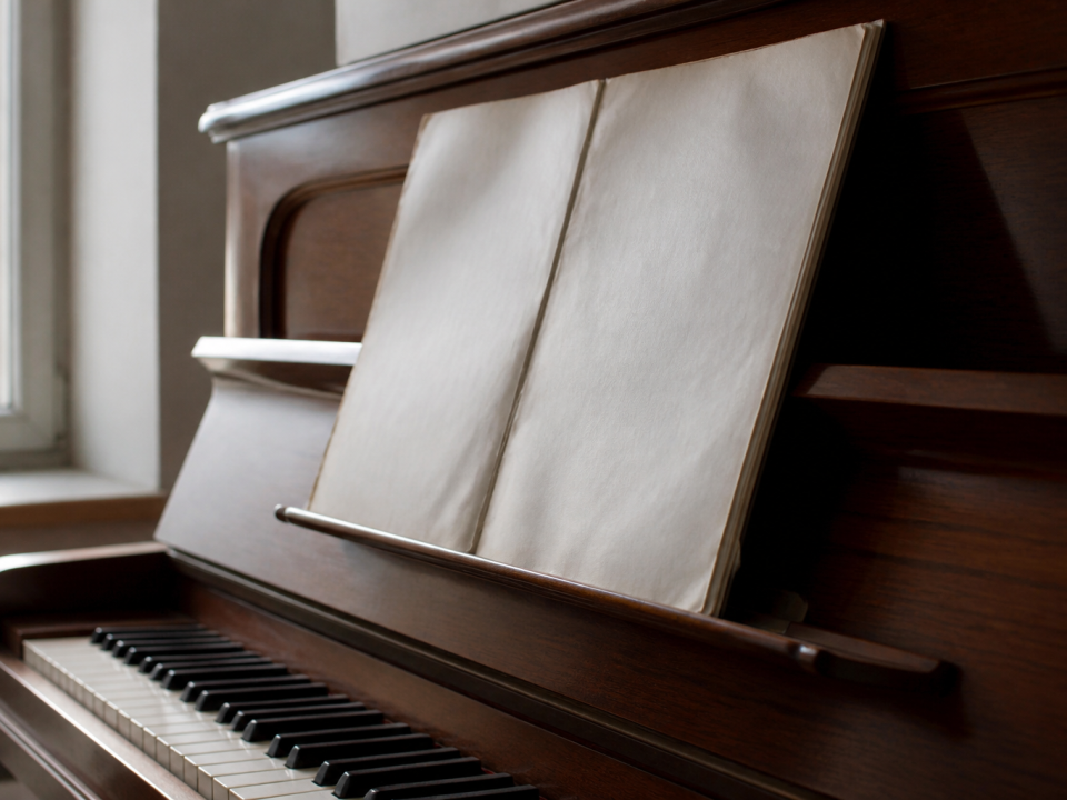 Partition musicale ouverte sur pupitre devant clavier piano