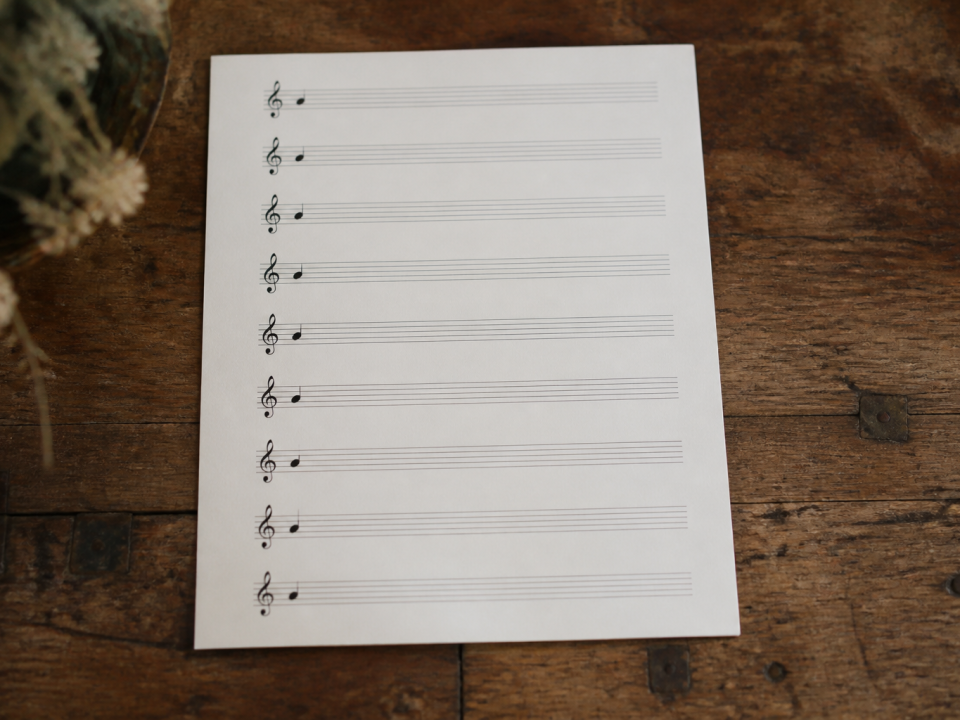 Feuille blanche avec portees musicales et notes noires alignees verticalement