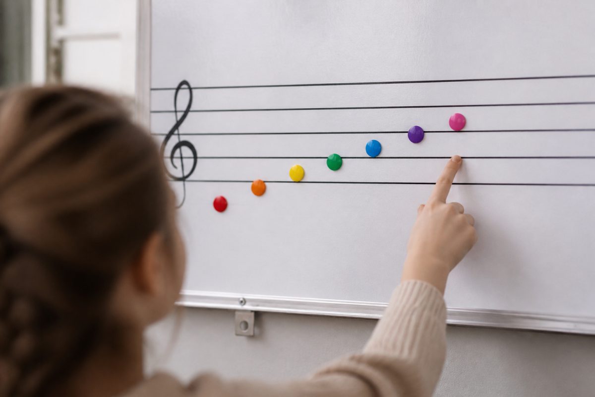 Portee musicale avec sept notes colorees positionnees