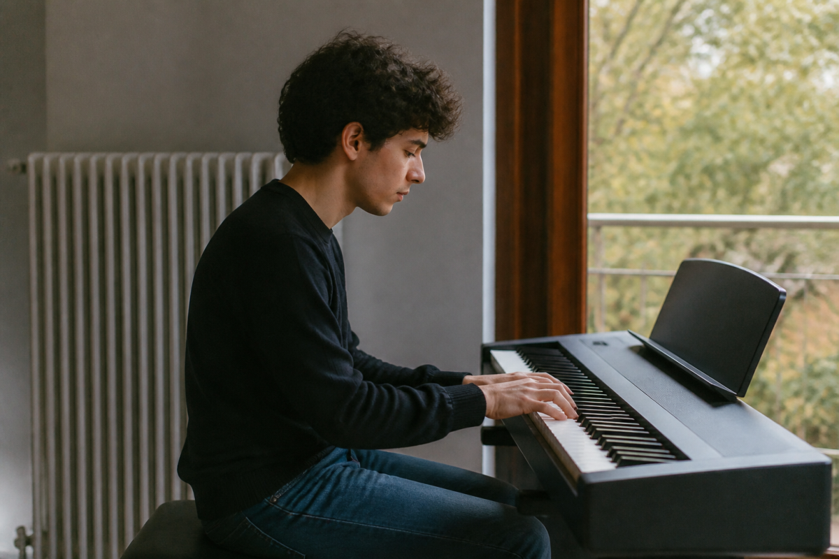 Musicien assis au clavier avec posture correcte et mains positionnées