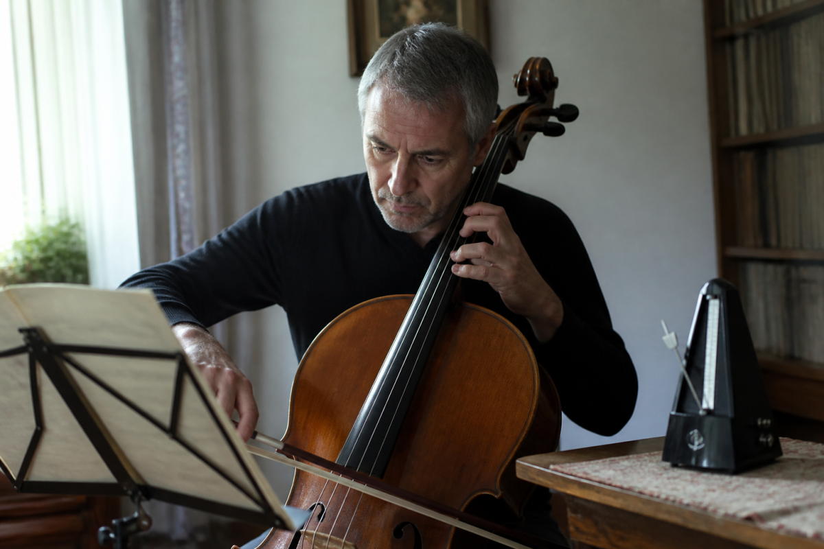 Musicien practiquant quotidiennement avec partition et metronome
