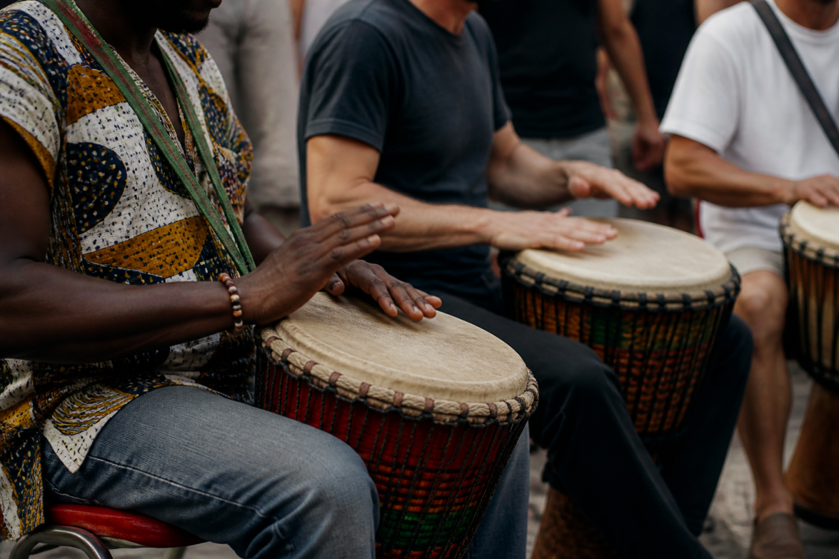 Percussionistes jouant ensemble avec tambours et instruments colorés