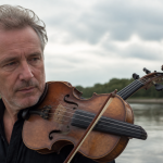 Musicien tenant violon vertical contre l'epaule gauche