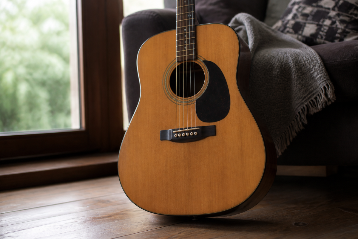 Guitare acoustique en bois massif avec cordes visibles