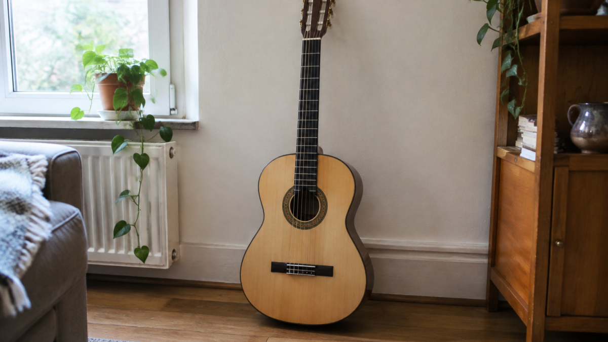 Guitare acoustique classique bois clair posée verticalement
